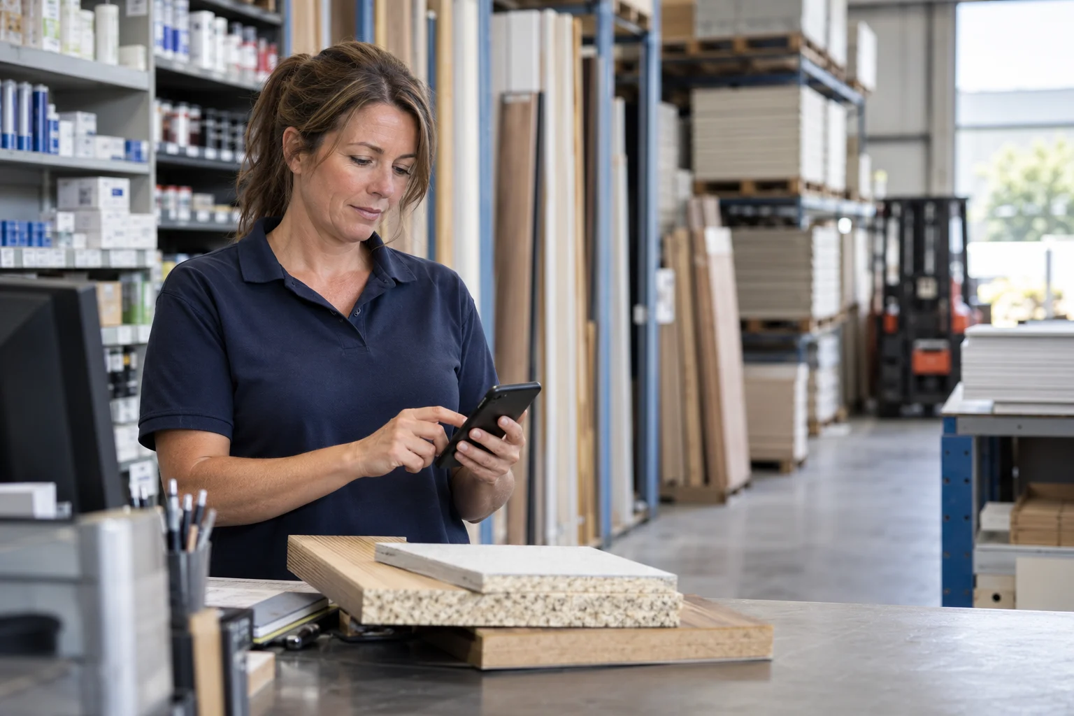 Building materials supplier reviewing a customer request on her phone at the counter