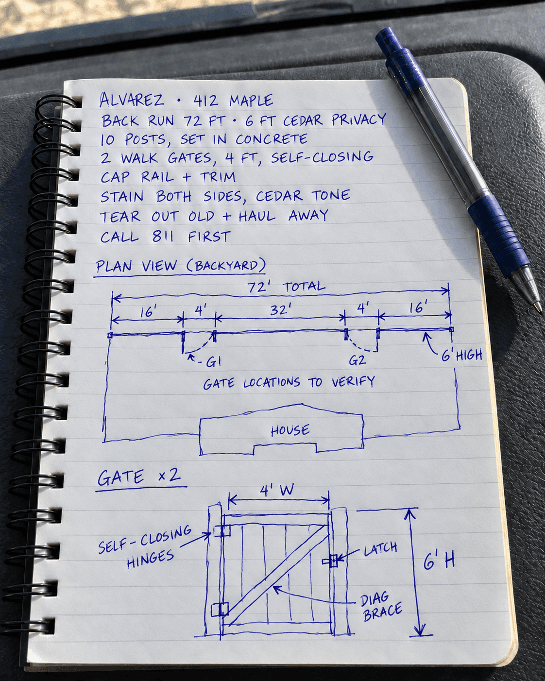 Tony’s handwritten job notes, with a plan of the back run and a sketch of the gate.